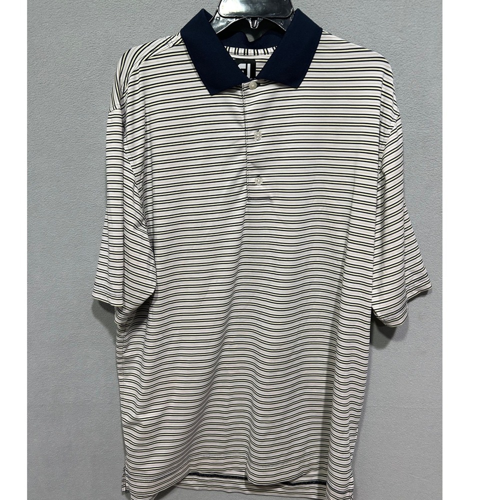 FootJoy Polo Shirt Mens Large White Navy Yellow Striped Ann Arbor Golf Club logo